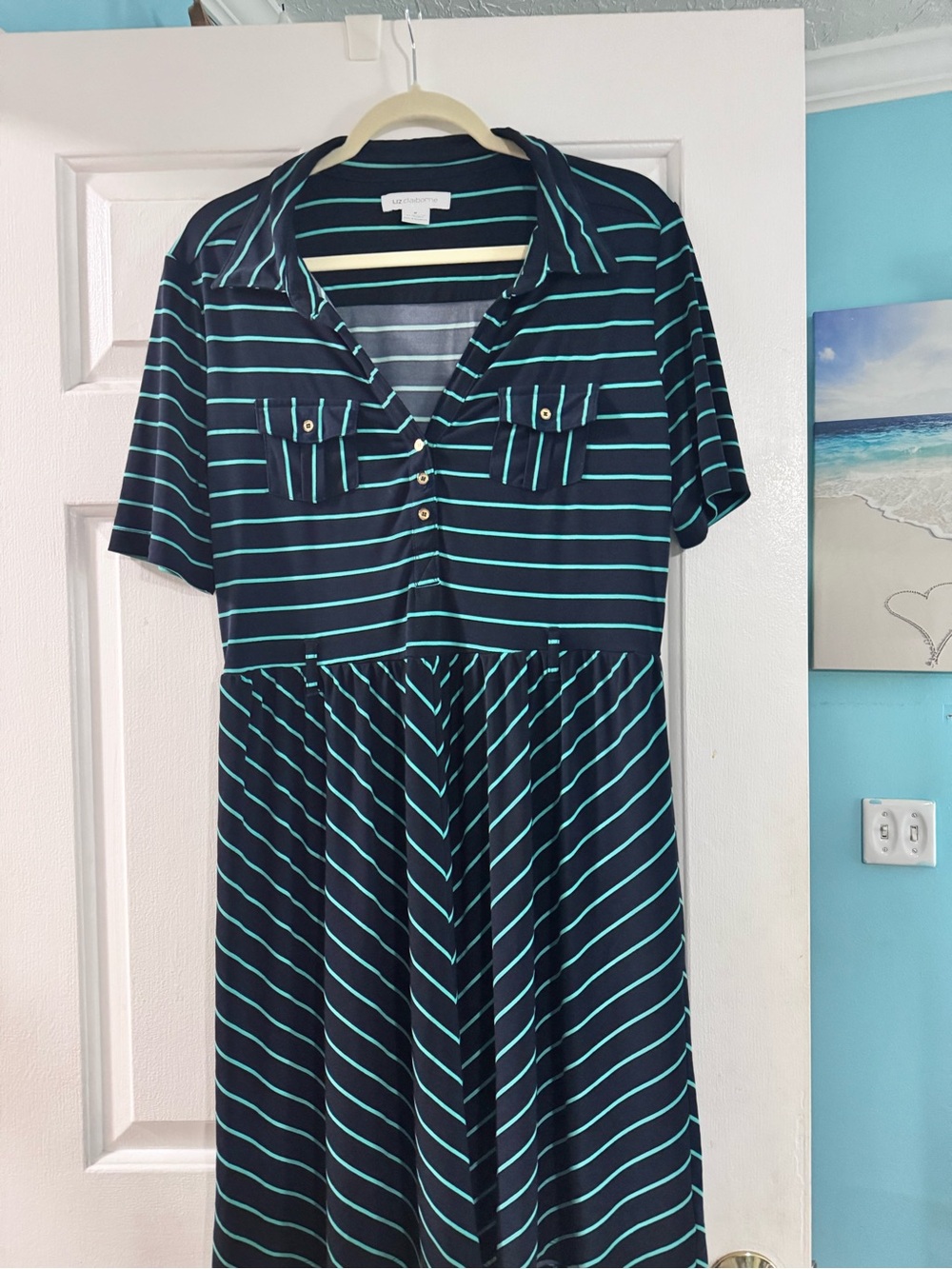 Liz Claiborne Navy and Teal Striped Polo Top